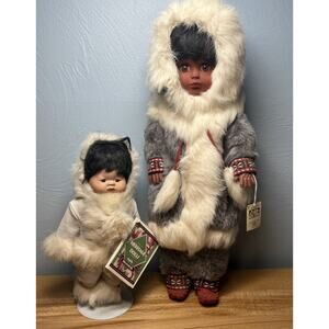 2 Vtg Inuit Eskimo Dolls Fur Clothes Hat Baby Leather Boots Alaska Native